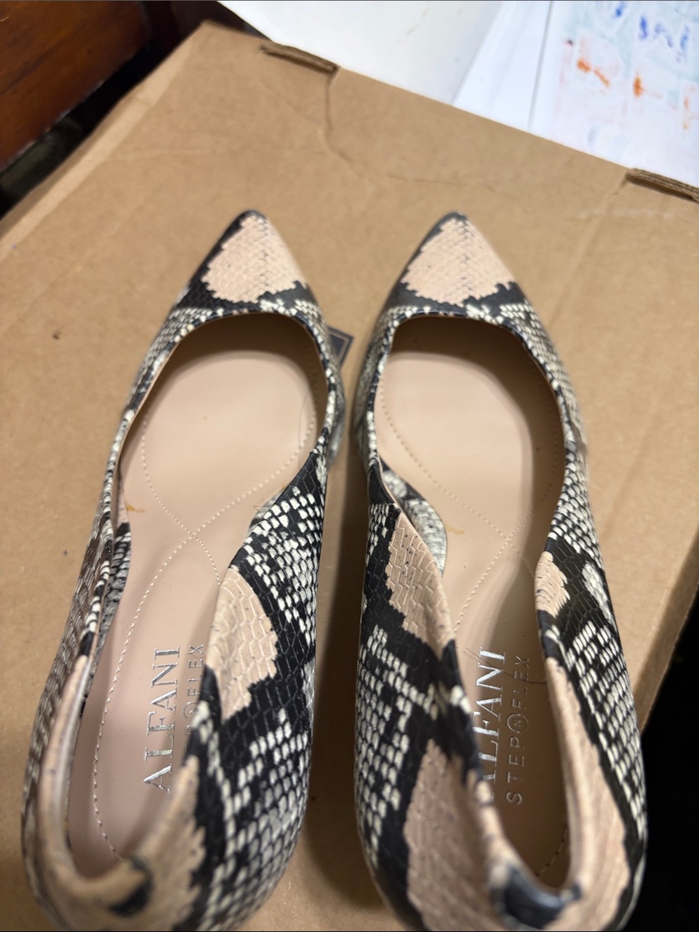 Alfani Snake-Print Pointed Toe Flats in Beige and Black